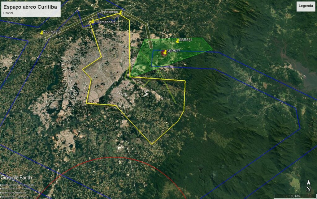 Mapa do espaço aéreo de Curitiba para planejamento de voo de paramotor
