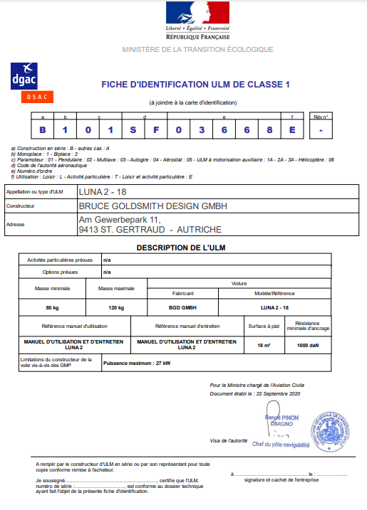 Documento de identificação DGAC para ultraleve